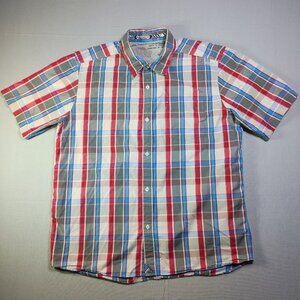 Quiksilver casual button down shirt men's size XL white base red and blue plaid
